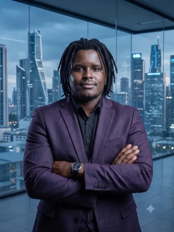 Ludenyo Wangia standing in front of a futuristic city skyline