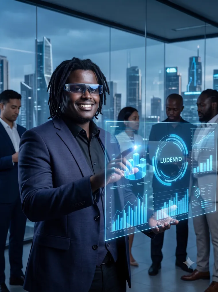Ludenyo Wangia operating a holographic enterprise data interface against a futuristic skyline